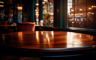 Classic wooden table of cozy restaurant. Space for product. Elegant and select restaurant table.