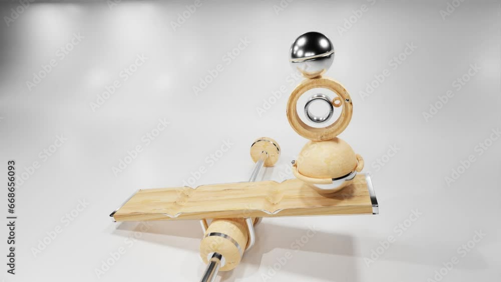 Poster wooden and metal figures roll and rotate on a white background. abstract animated composition. 3d re