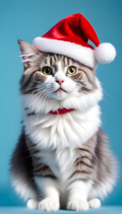 Fototapeta na wymiar Chat drôle hyperréaliste portant bonnet de noël, un chapeau de Père Noël rouge. Vacances de Noël. Carte de Noël - IA générative