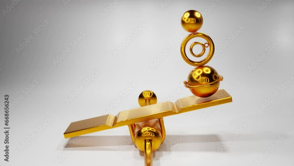 Poster golden figures roll and rotate on a gray metal background. abstract animated composition. 3d render