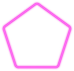 Pink purple pentagon neon frame template, light sign, geometric glow outline border with space for text, png isolated on transparent background.