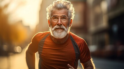 Man goes for a run. Old man lives a healthy life for longevity on the city street in the morning. - obrazy, fototapety, plakaty