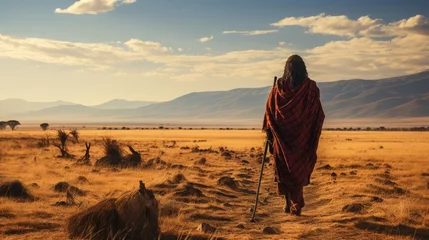 Foto op Plexiglas Maasai warrior standing proudly on the vast. Generative AI. © ProVector