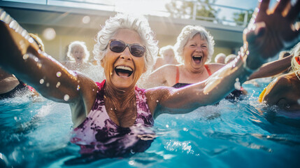realistic photo of senior women in a pool, exercising together during an aqua fit class. happiness and strong bonds