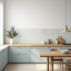 Fototapeta na wymiar Scandinavian Kitchen interior, Kitchen interior mockup, Scandinavian style Kitchen mockup, empty wall mockup