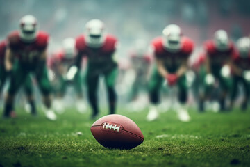 Closeup of american football with american players background.