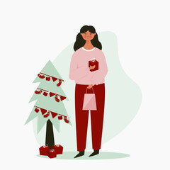 Girl holding christmas’s gift illustration flat character