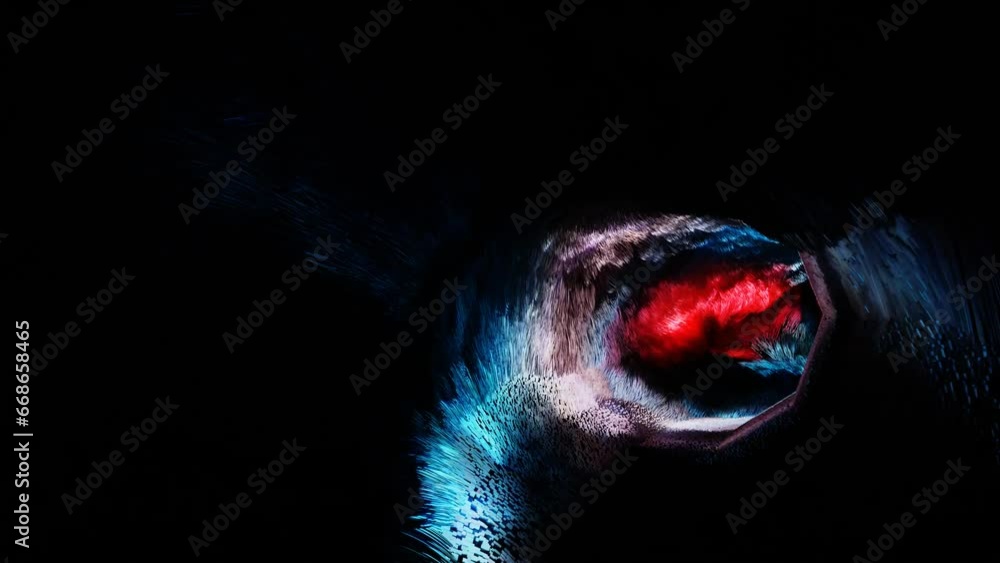 Poster movement inside a pipe covered with multi-colored thick wool. abstract looping endless animation. 3d