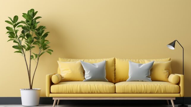 Modern living room frame mockup with sofa. Generative AI.