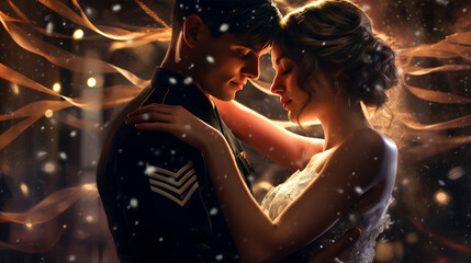 Soldier holds his beloved girl tightly, loving couple under blurry drops of rain and snow, romantic backlit, joy of soldier reuniting alive from war, loving family reunion after horrors of war - obrazy, fototapety, plakaty