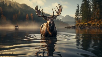 Moose on water near forest at misty morning. Generative AI.