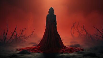 Witch in a red dress, practicing magic and rituals, red background, place for copy space. Concept: Night of the Witch or All Hallows' Eve. Concept: mysticism, game characters, Halloween.