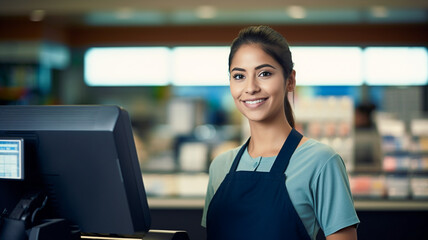 Portrait of beautiful woman cashier smiling. Cash desk with cashier serves customer in modern supermarket.
