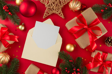 Fototapeta na wymiar Infuse joy into your family with charming Christmas presents. Top view photo of envelope with card, presents, fir branches, tree baubles, shiny stars, cones on red background