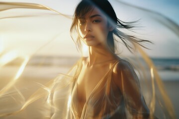 A beautiful asian woman in a modern dress at the beach at the golden hour. A shot of a model in a magazine-style fashion film photograph - obrazy, fototapety, plakaty