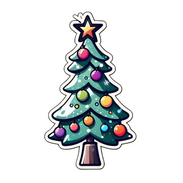 Decorated Christmas tree on transparent png  background for banners , greeting cards , Sticker Image 
