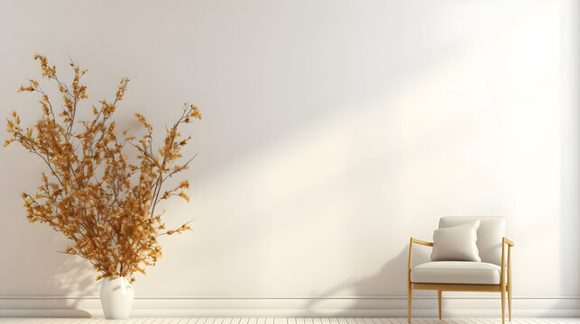 Empty white Room with chair and plant in the corner white and gold modern and contemporary design. Generative A