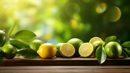 Empty Wooden Table with free space over green lemons on tree in garden,Generated Ai