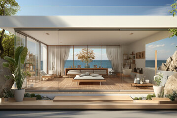 Room for meditation and yoga classes in a modern house by the sea