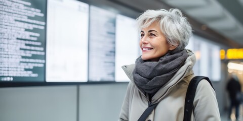 Portrait photo of a smiling woman in front of a noisy airport terminal with check-in terminals in the background.