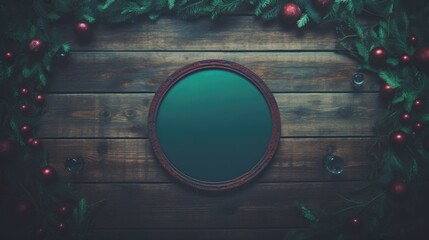 Christmas frame and fir branches on blue wooden background.