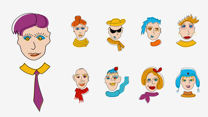 Fototapeta premium Comic abstract human faces set. Hand-drawn characters vector illustration. Every element you can use separately