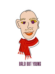 Surrealistic face with text - bald but young. Comic print for t-shirt or notepad.