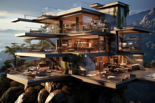 Futuristic conceptual house of the future. The frame is made of eco-friendly, ultralight and durable material. The interior is comfortable and simple and merges with the surrounding nature