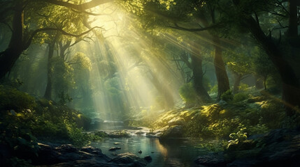 A magical forest illuminated by rays of sunlight filtering through the dense foliage, creating a mystical and ethereal atmosphere. Magical forest with mystic atmosphere. Beams of sunlight coming throu