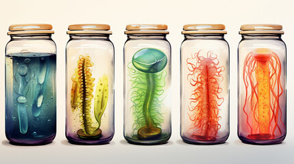 bacteria in transparent jars. generative AI - obrazy, fototapety, plakaty
