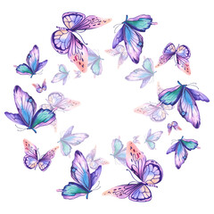 A wreath depicting morpho butterflies with pink-orange and purple wings. Beautiful exotic insects. Watercolor illustration on a white background.