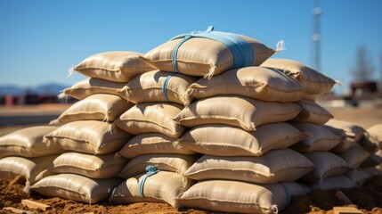 Pile of sand bags as aa wall barrier. Generative AI.