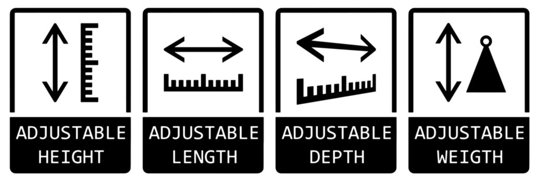 Vector icons with inscriptions: adjustable length, adjustable height, adjustable depth, and adjustable weight.
