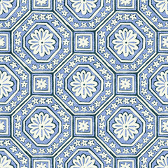 Geometric seamless pattern. Blue and white bohemian print. Grunge vintage texture. Vector illustration. - 668661831