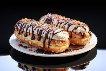 Fresh eclairs with chocolate covered on a white plate
