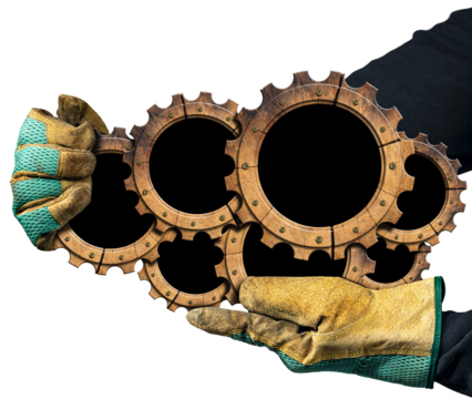 Gloved hands holding a group of seven wooden cogwheels (gears) with copy space, isolated on white or transparent background. Lumber industry concept. Png.