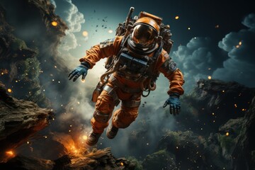 Portrait of astronaut in outer space floating in space. Astronaut in space, on mars, spacewalking - obrazy, fototapety, plakaty