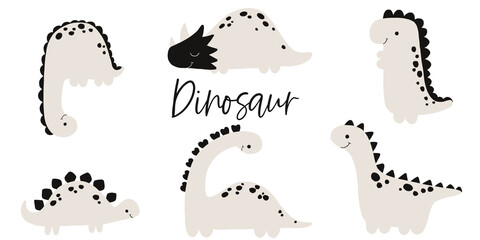 Set with flat black and white dinosaurs, cute dino, childish hand painted simple set with monsters. Cute dragon - obrazy, fototapety, plakaty