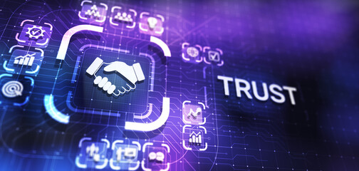 Trust customer relations reliability business concept. Pointing and pressing on virtual screen.