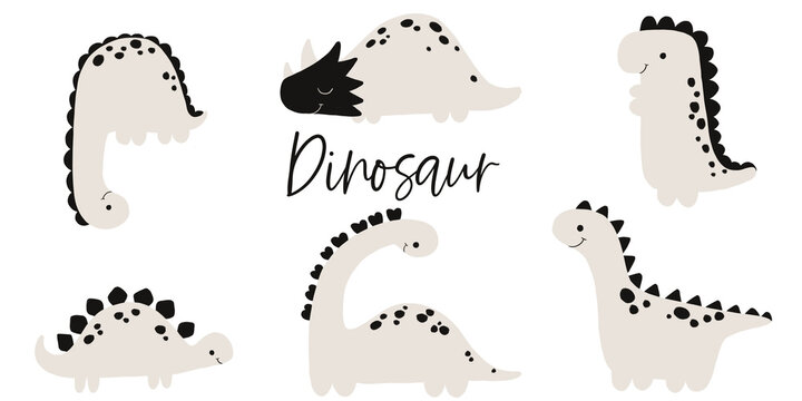 Set with flat black and white dinosaurs, cute dino, childish hand painted simple set with monsters. Cute dragon