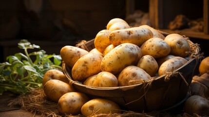 Potato harvested in plantation close-up. Generative AI.
