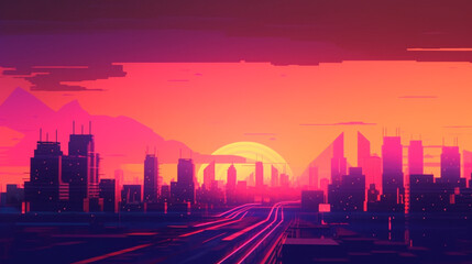 Sci-fi Vector Background, Night City Skyline in the Style of Retro Waves,