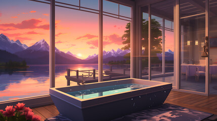 Fototapeta premium a bath tub with sunset on the lake with a pier view relaxing lofi anime cartoon style