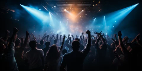 Fototapeten exited fun greeting cheerful male crowd people jump cheer up singing dancing together in concert performance nightlife party lifestyle © VERTEX SPACE