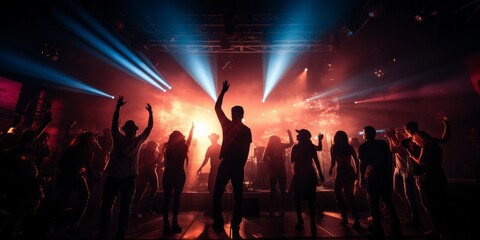 Fototapeta na wymiar exited fun greeting cheerful male crowd people jump cheer up singing dancing together in concert performance nightlife party lifestyle