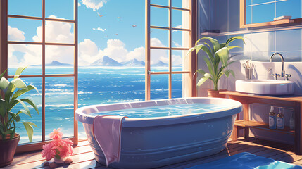 Fototapeta na wymiar luxury bathroom interior with ocean view relaxing lofi anime cartoon style