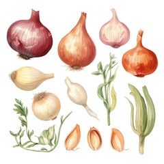 Watercolor set of vegetables isolated on transparent background. Onion and garlic watercolor