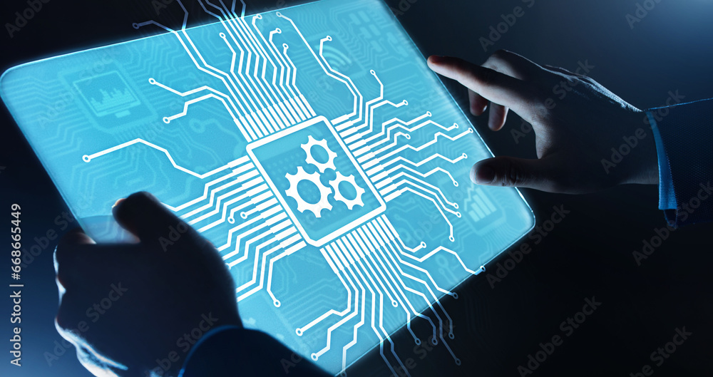 Poster gears mechanism on virtual screen. automation and business process flow. business and technology con