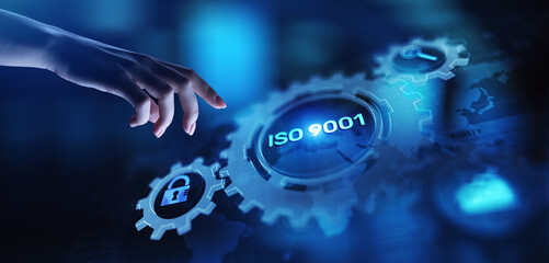 ISO 9001 Standards quality control business technology concept on virtual screen.