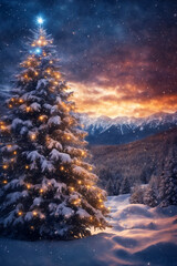 Christmas tree in a winter forest, decorated with garlands and lights, snow covered mountains, beautiful nature at sunset